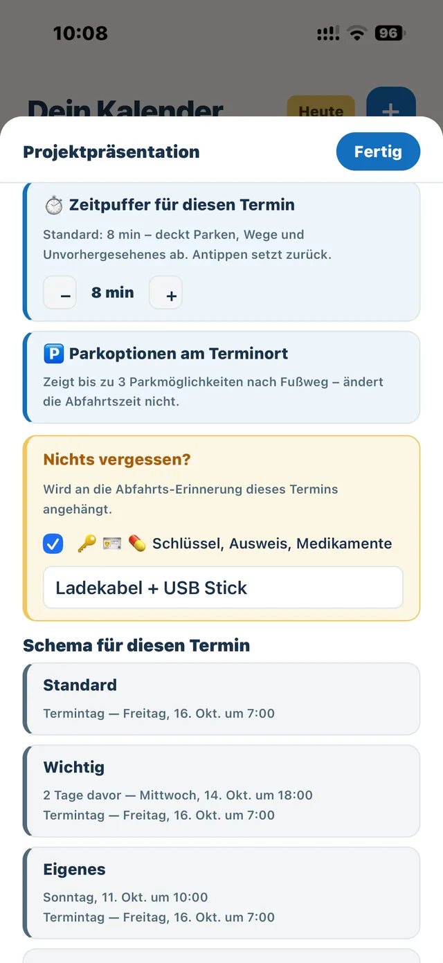 Termin-Menü mit Zeitpuffer und „Nichts vergessen?“